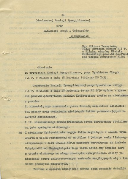 KKE 5596-1.jpg - Dok. Odwołanie mgr Wiktora Tarasiuka pełnomocnika Michała Katkowskiego do Odwoławczej Komisji Dyscyplinarnej przy Ministerstwie Poczt i Telegrafów w Warszawie, Wilno, 13 X 1939 r.